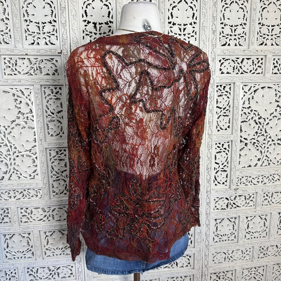 Chicos Burnt Orange Red Mesh Artsy Lace Long Sleeve Button Up Sheer Blouse - Picture 5 of 6